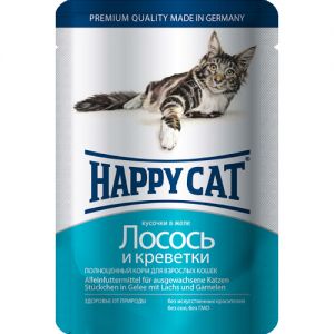 КОРМ ДЛЯ КОШЕК ХЭППИ КЭТ ЛОСОСЬ+КРЕВЕТКИ В ЖЕЛЕ, КОНС