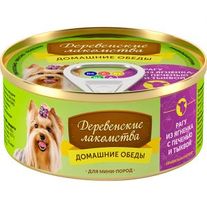 КОРМ ДЛЯ СОБАК ДЕРЕВЕНСКИЕ ЛАКОМСТВА ДОМАШНИЕ ОБЕДЫ РАГУ ИЗ ЯГНЕНКА, ПЕЧЕНЬ, ТЫКВА КОНС.100Г