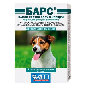 АВЗ/БАРС КАПЛИ ОТ БЛОХ И КЛЕЩЕЙ ДЛЯ СОБАК ОТ 2 ДО 10КГ, 1 ДОЗА -1,4МЛ